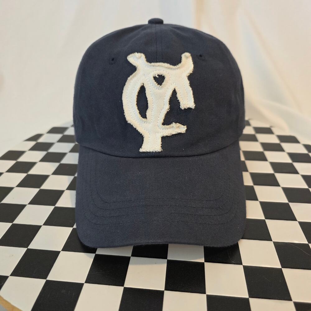 OY Korean Streetwear Distressed Logo Strapback Hat Navy Blue One Size
